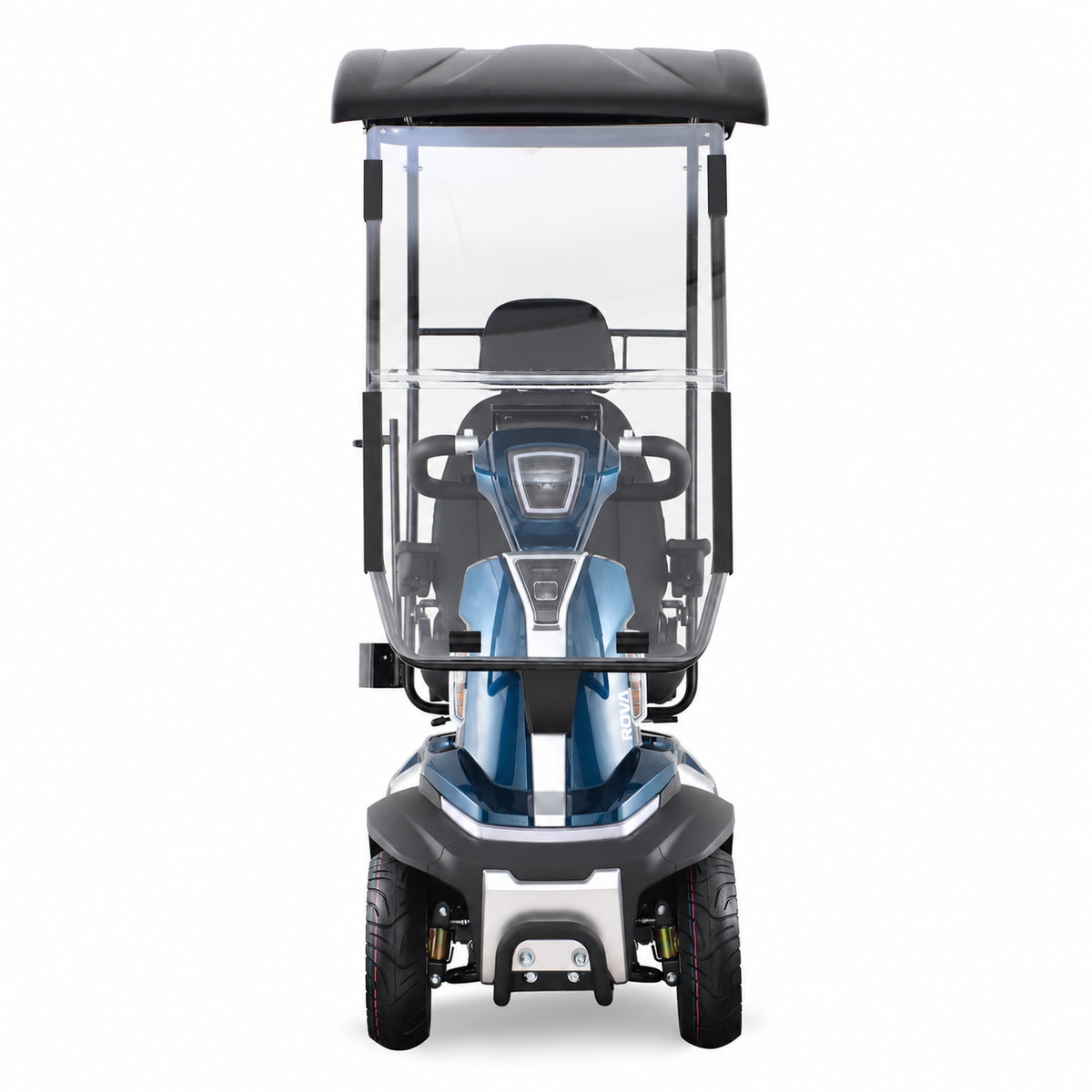 ROVA Elite canopy scooter with seat-mounted basket and crutch holder - front