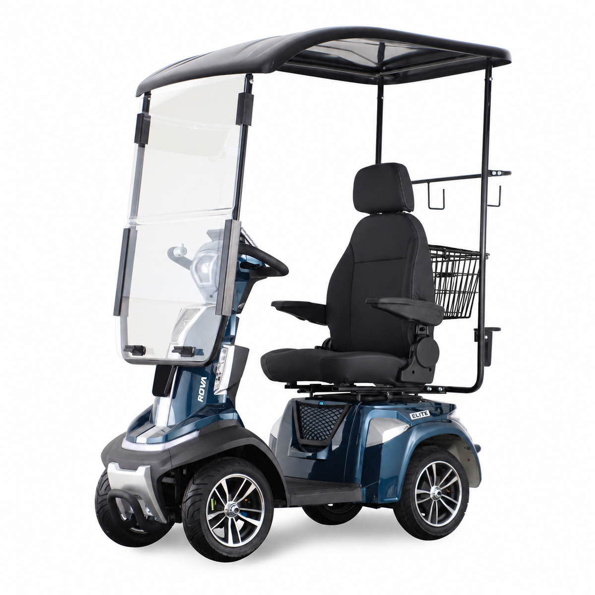 ROVA Elite canopy scooter with seat-mounted basket and crutch holder - navy