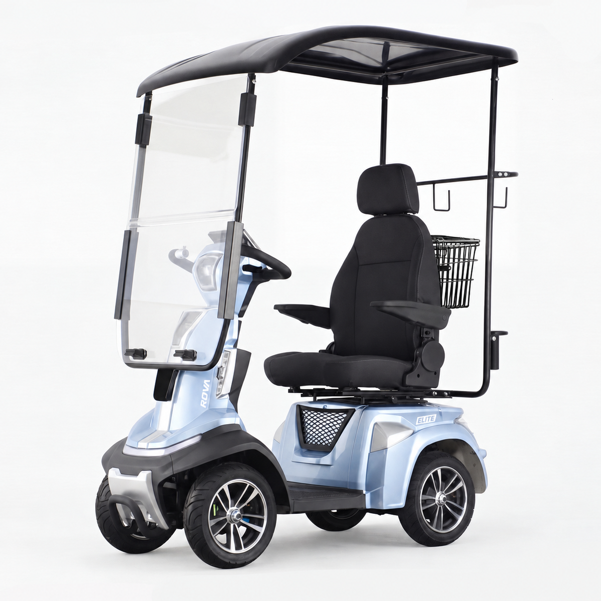 ROVA Elite canopy scooter with seat-mounted basket and crutch holder - pearl