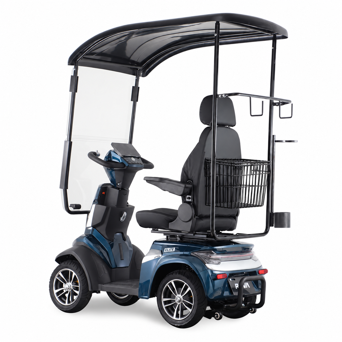ROVA Elite canopy scooter with seat-mounted basket and crutch holder - rear