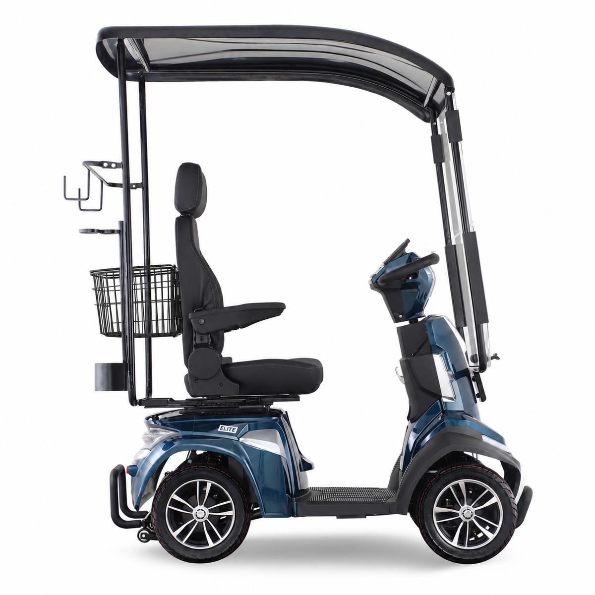 ROVA Elite canopy scooter with seat-mounted basket and crutch holder - side