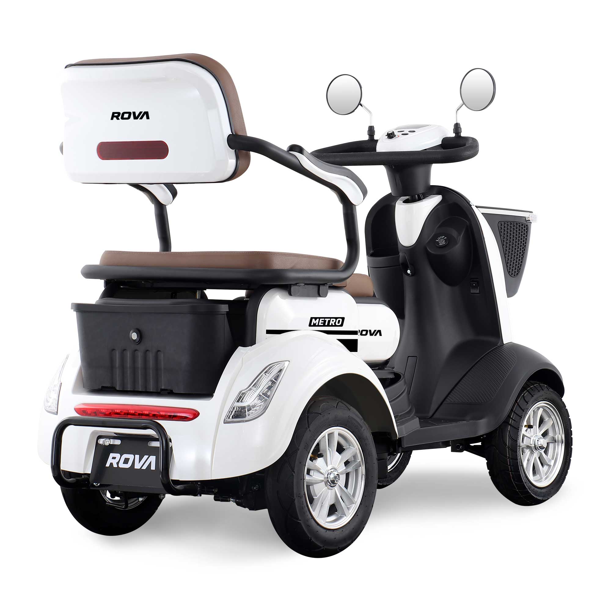 White-Tan-Colour-ROVA-Metro-Mobility-Scooter-Rear-Angle-Photo