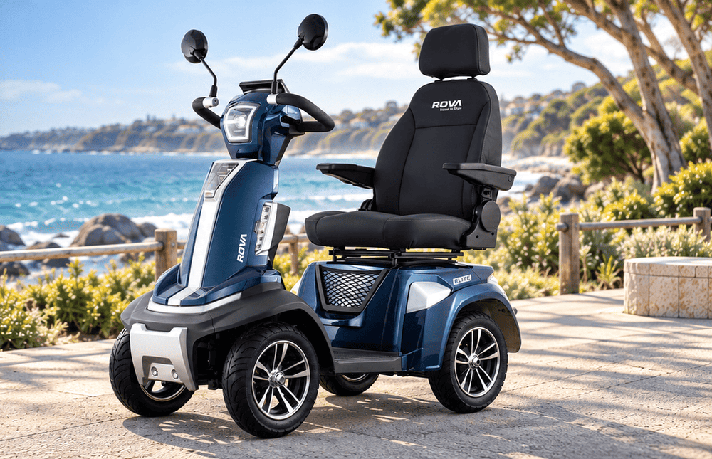 Navy ROVA Elite scooter beside the ocean
